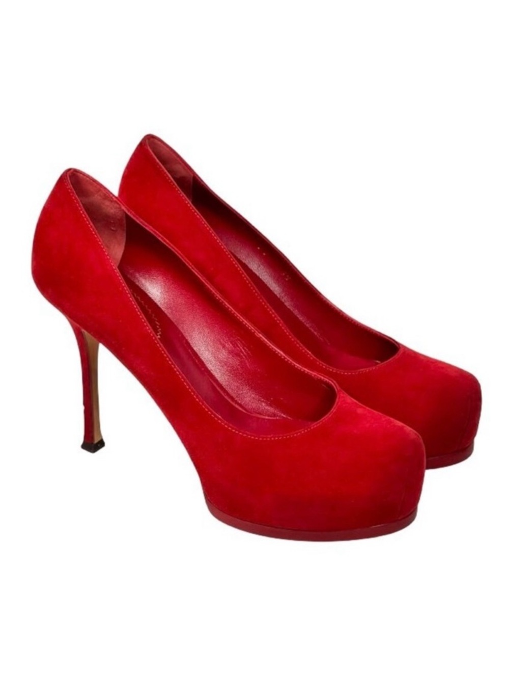 Yves Saint Laurent Tribtoo Red Suede Heels Sz 39 8.5 Platform Pumps Authentic